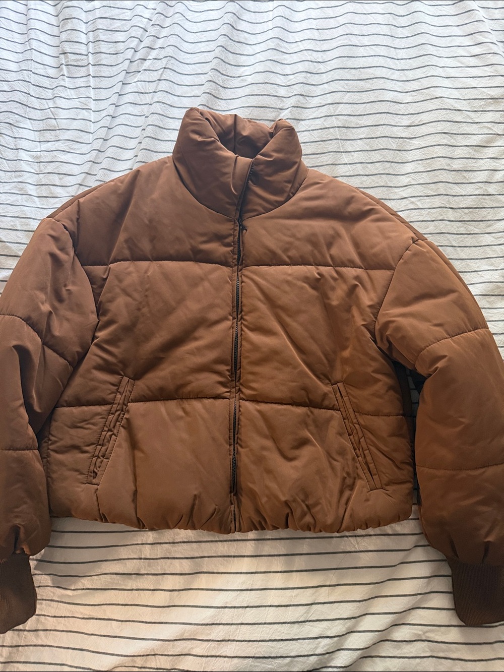 Cropped Brown Puffer Jacket with Stand Collar